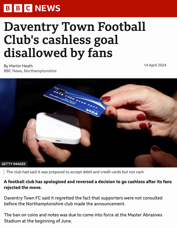 Daventry Town Football Club Supporters Say “NO” To “Cashless”! - Click here to view this entry
