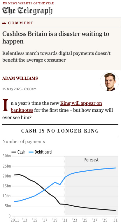 Telegraph - Cashless Britain is a disaster waiting to happen  - Click here to view this entry