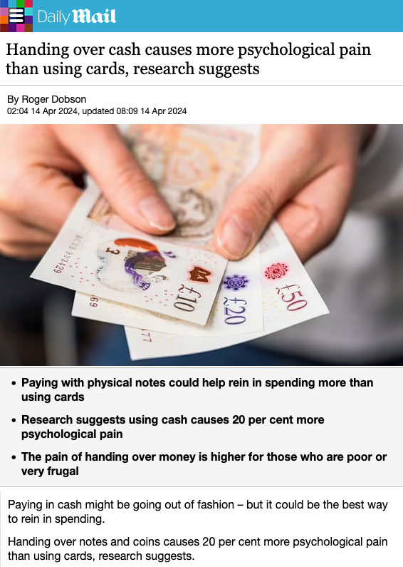 Handing over cash causes more psychological pain than using cards!  - Click here to view this entry